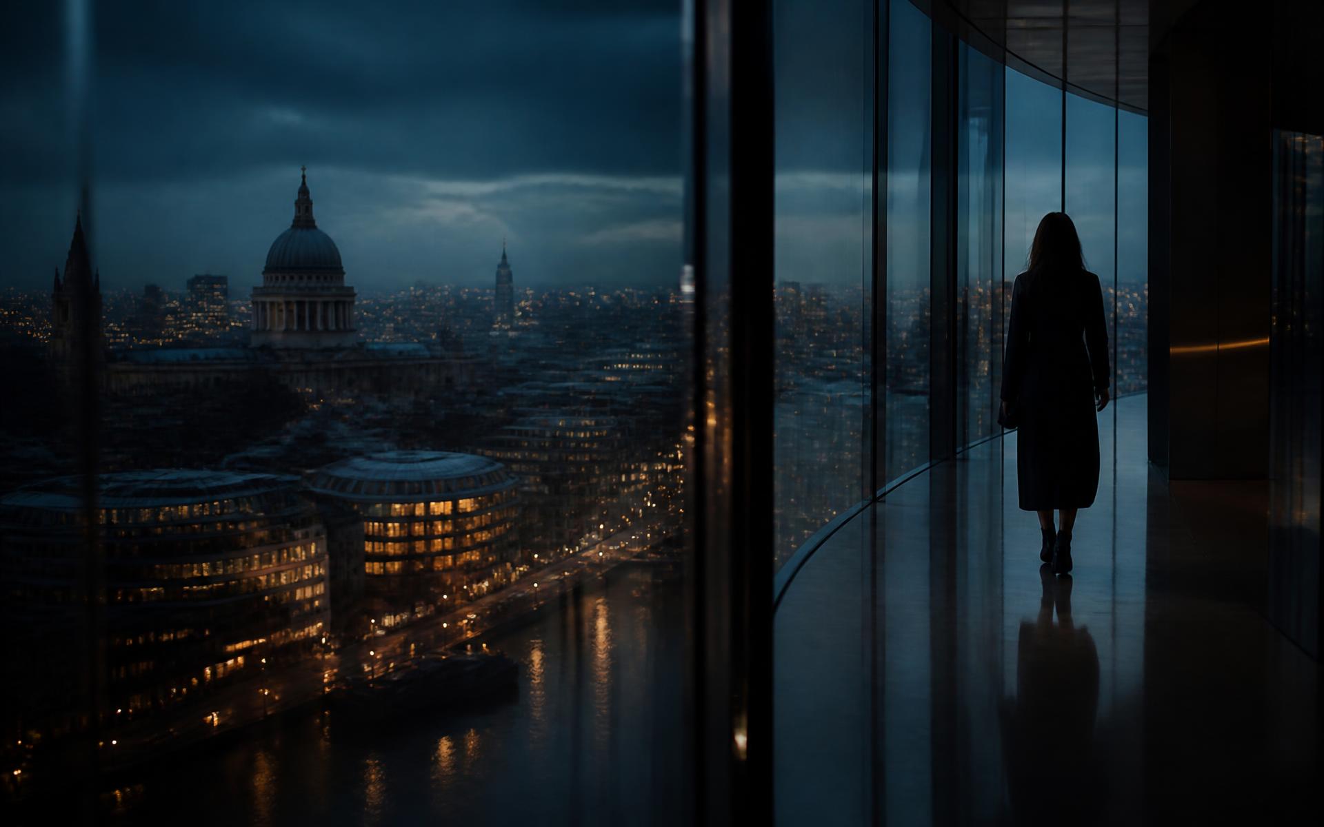 London at blue hour seen through a contemporary glass interior