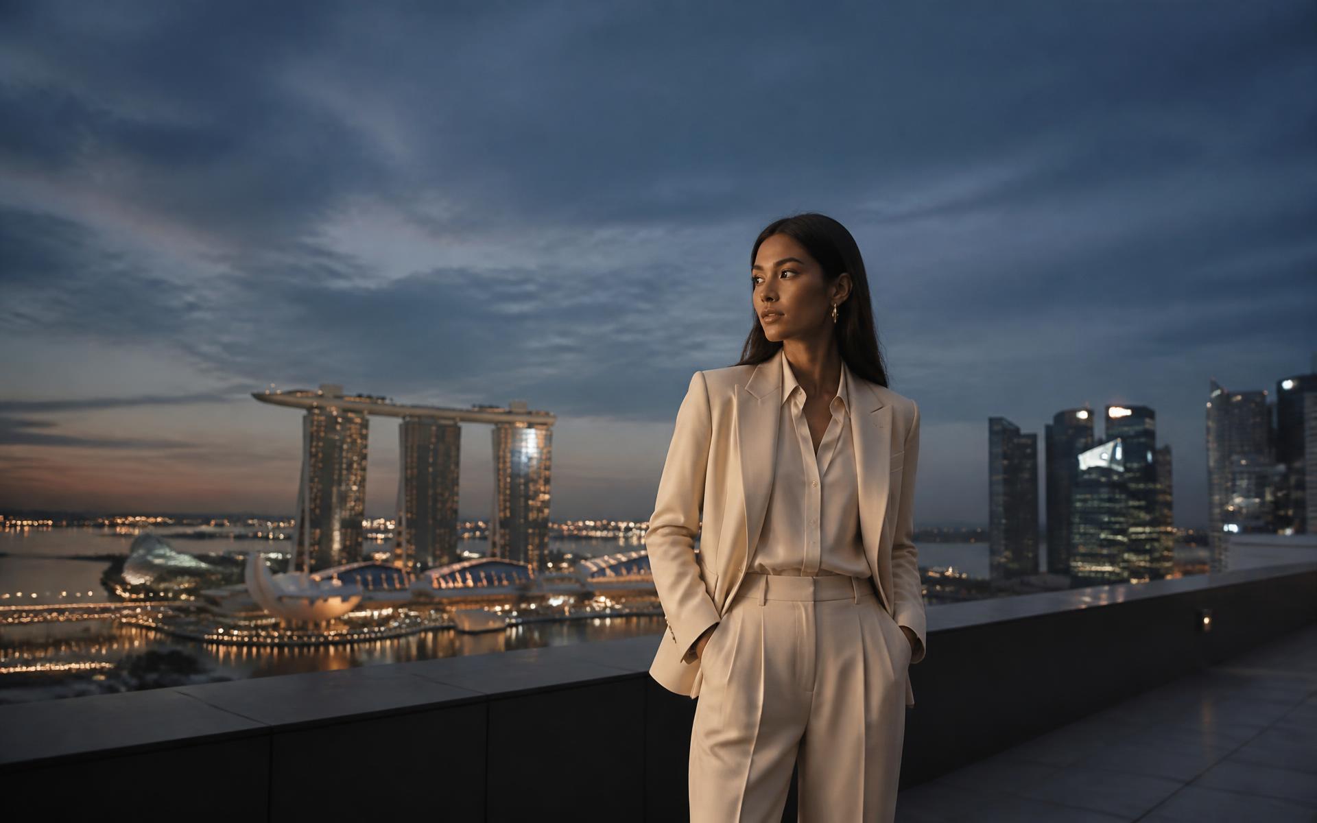 A founder on a terrace above the Singapore skyline at dusk