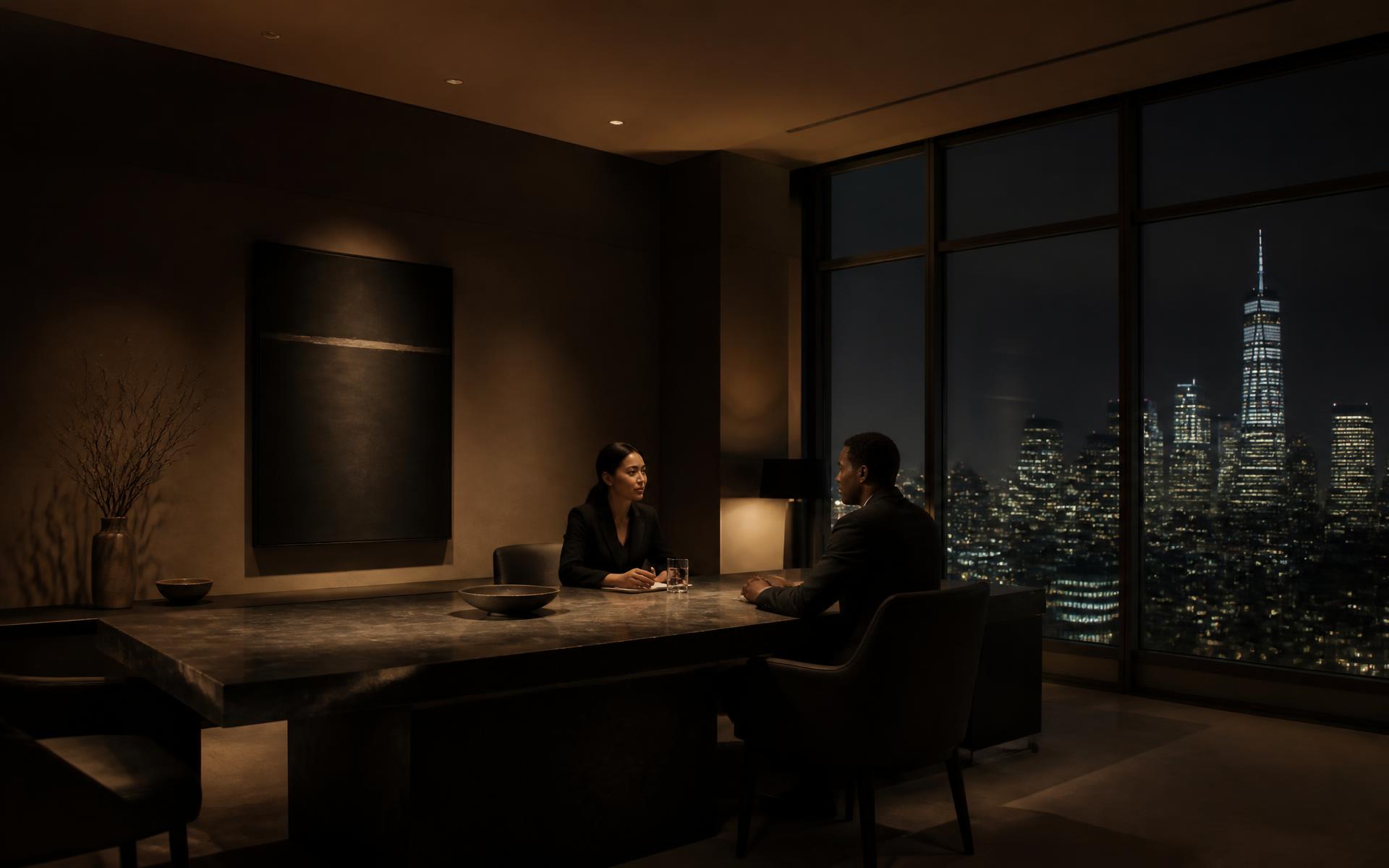Two executives in a minimal dark office overlooking Manhattan at night